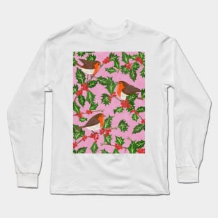 Three little paper cut robins on a holly bush Long Sleeve T-Shirt